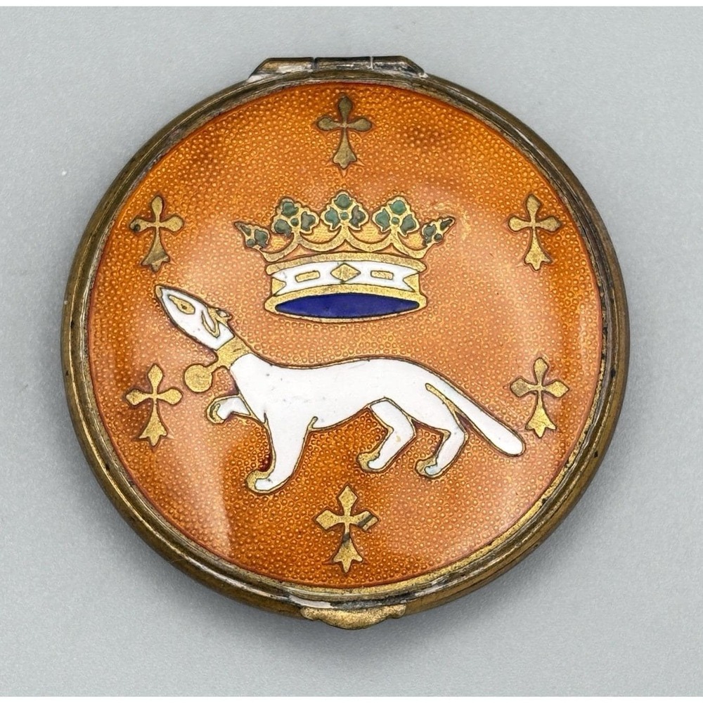 Antique Compact Powder Case French Cloisonné Enamel France Crown Ermine Cross